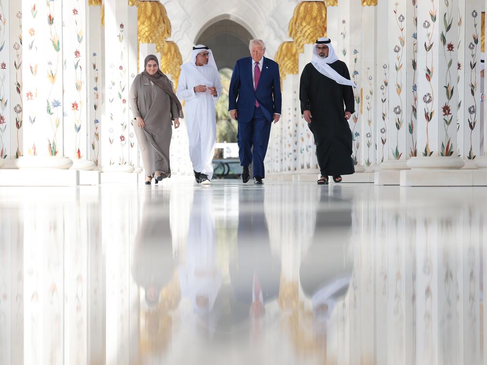 President Trump tours the Sheikh Zayed Grand Mosque, including the mausoleum of the late founder Sheikh Zayed bin Sultan al Nahyan, with UAE President Sheikh Mohamed bin Zayed Al Nahyan and Dr. Yousef Al-Obaidi, Director-General of the Sheikh Zayed Grand Mosque Center (SZGMC) and Ameena Alhammadi, Acting Director of Culture and Knowledge Department of Sheikh Zayed Grand Mosque Centre on May 15 in Abu Dhabi, United Arab Emirates. Trump is on the third day of his visit to the Gulf to underscore the strategic…