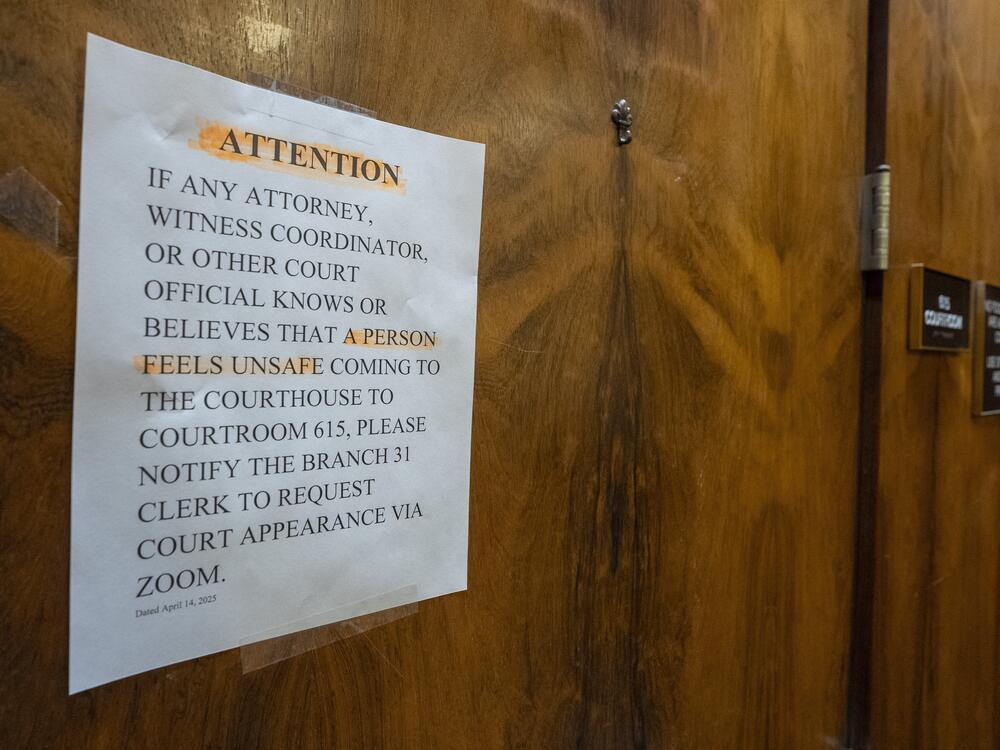 A sign is posted outside of county Judge Hannah Dugan's courtroom at the Milwaukee County Courthouse on April 25, the day she was arrested.
