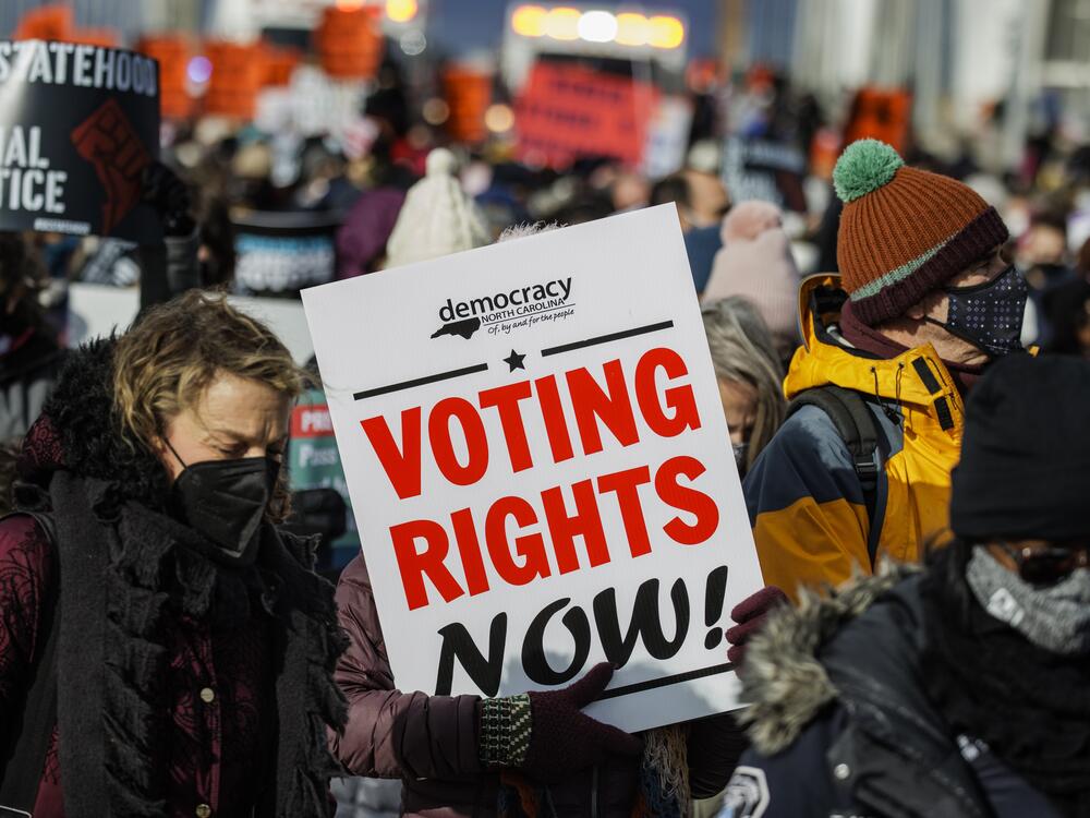 A demonstrator carrying a sign that says 
