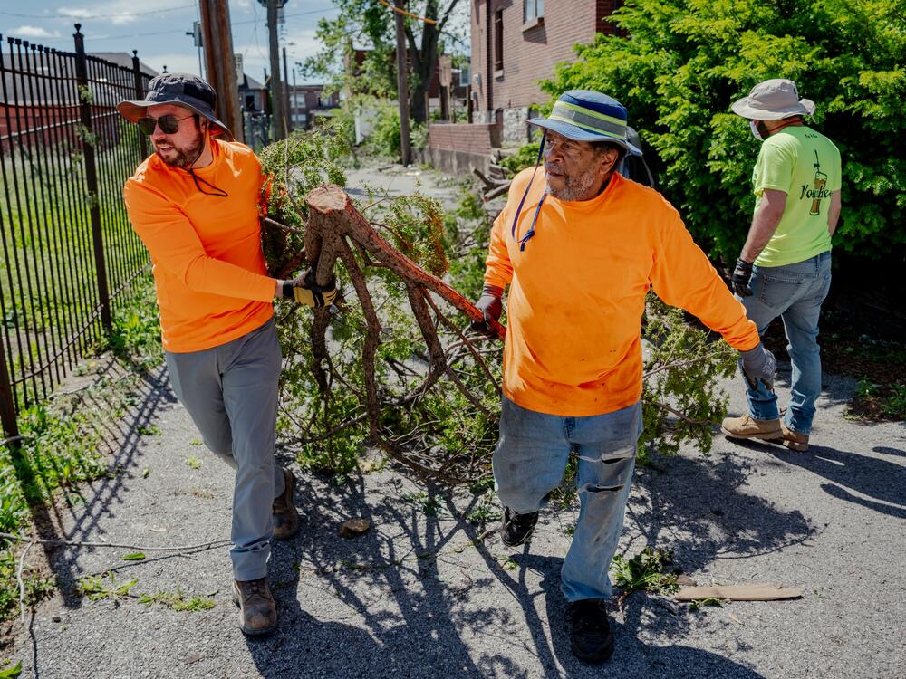 Alex Cadigan (left) helps Sam Campbell haul a large tree limb in north St. Louis on Saturday.