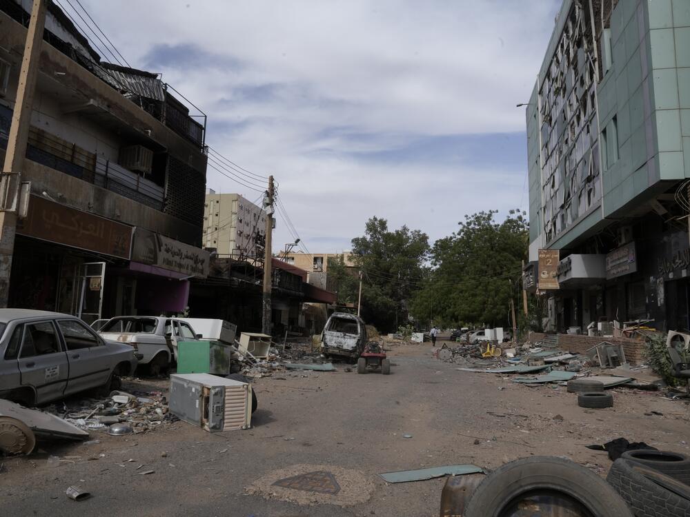 A damaged street in the heart of Khartoum — a bustling metropolis of 6 million before the war began in April 2023.