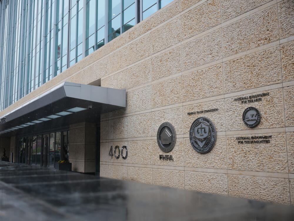 Rain falls on the National Endowment for the Humanities building on April 11, 2025 in Washington, D.C. The Trump administration's Department of Government Efficiency has assigned a team to the agency, which gives grants tied to the arts. The agency is in the process of trying to lay of 75% of its staff on the orders of the administration.