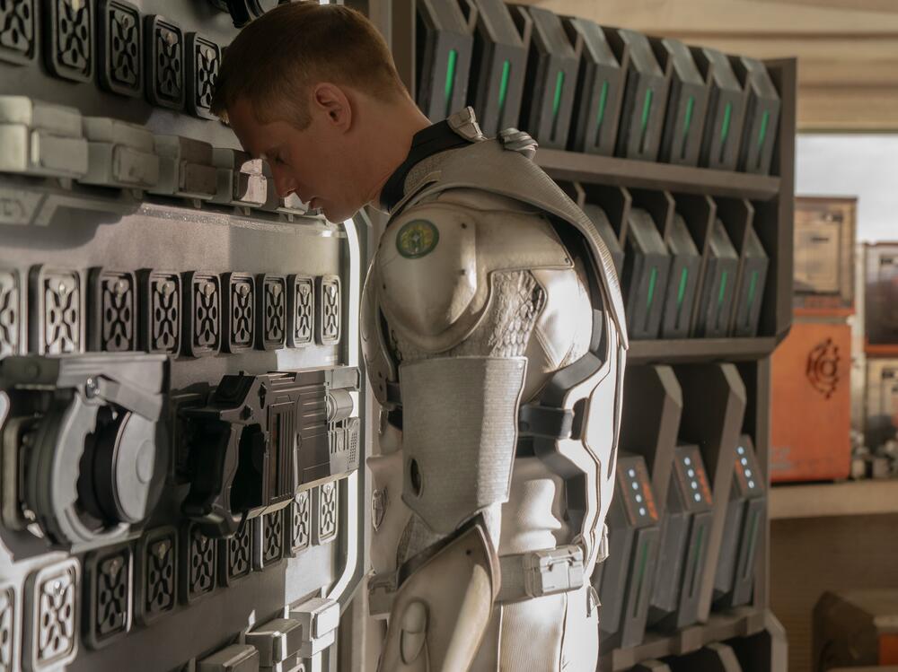Alexander Skarsgård in <em>Murderbot</em>, out Friday on Apple TV+.