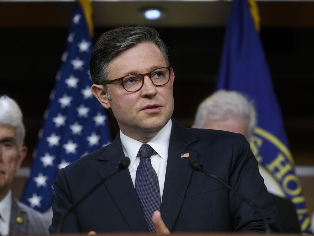 Speaker of the House Mike Johnson, R-La., speaks during a news conference at the Capitol on May 6, 2025, in Washington.