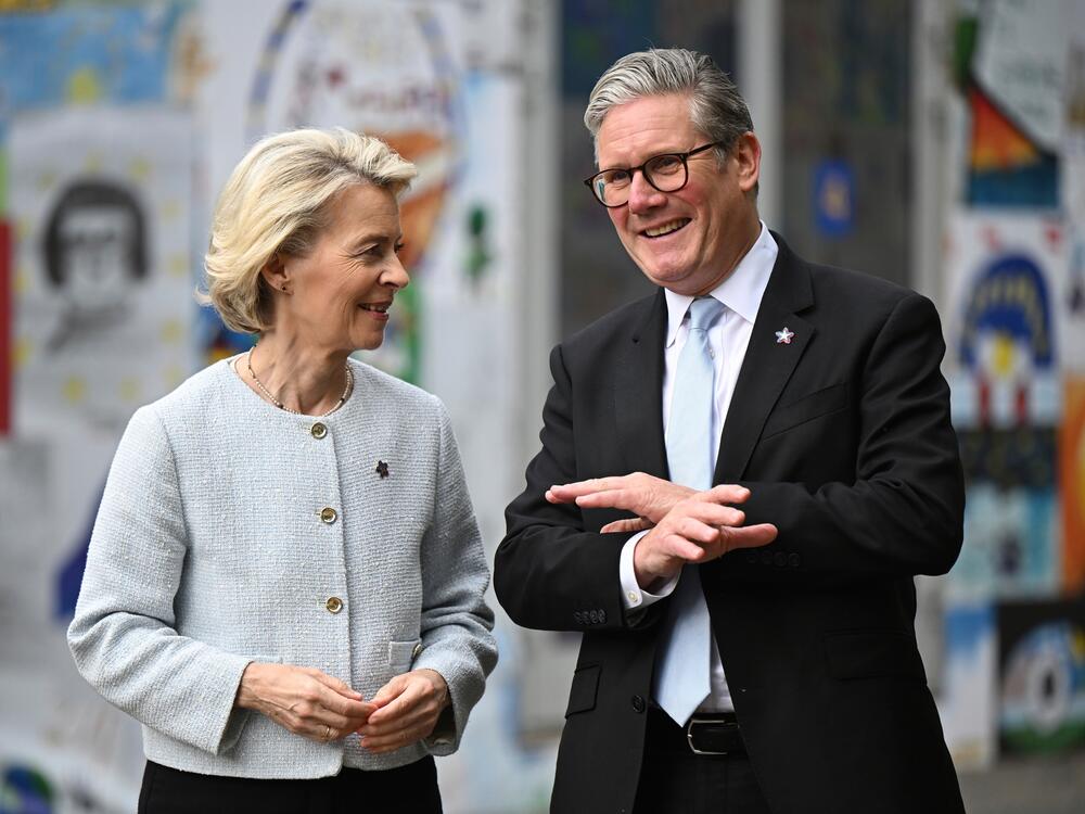 Ursula von der Leyen, president of the European Commission, left, and Keir Starmer, prime minister of the U.K., greet each other, ahead of their bilateral meeting at the 6th European Political Community summit on May 16 in Albania.