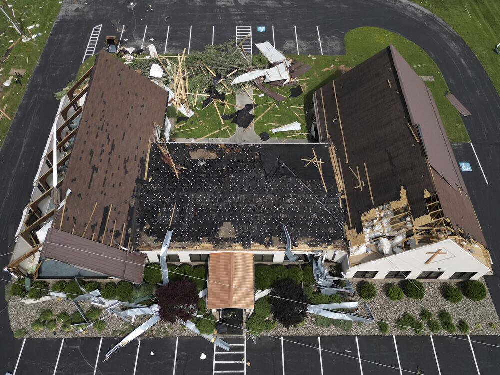 Redeemer Lutheran Church is damaged, Sunday, May 18, 2025, along Highway 27 in Somerset, Ky., after a severe storm passed through the area. (AP Photo/Carolyn Kaster)