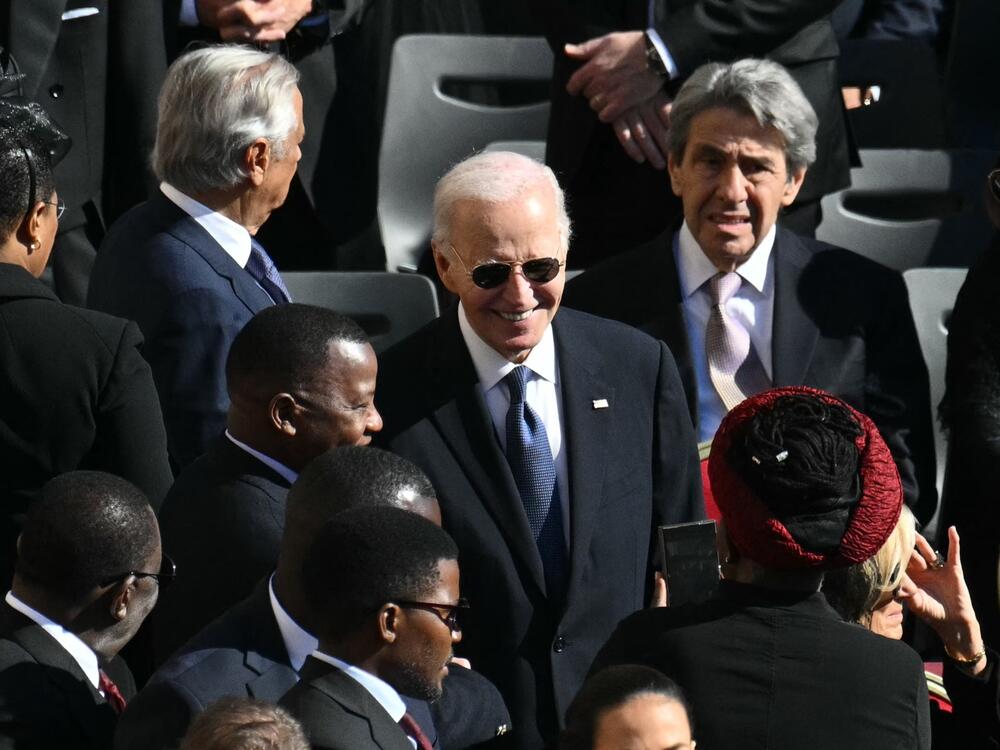 Biden speaks with attendees as he arrives ahead of the late Pope Francis' funeral ceremony at St Peter's Square at the Vatican on April 26.
