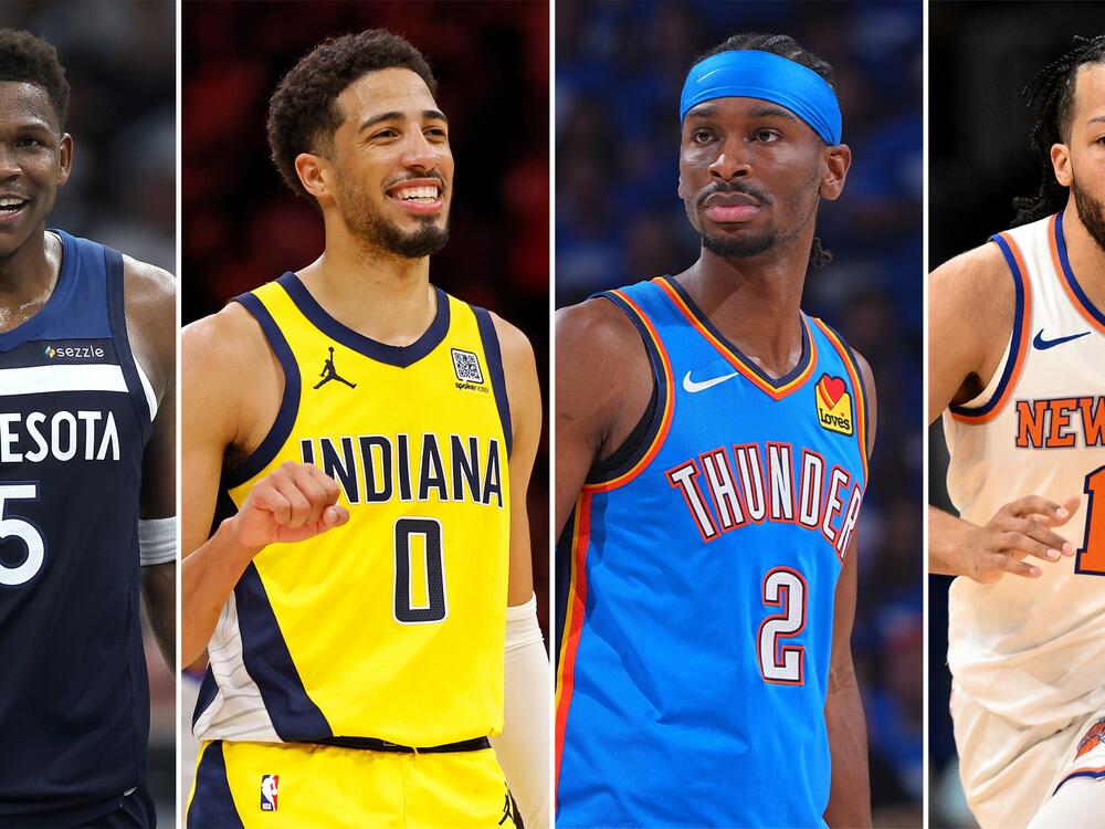 The NBA Conference Finals begin Tuesday. Depending on the outcome, several years-long title streaks will come to an end. (Left to right): Anthony Edwards of the Minnesota Timberwolves, Tyrese Haliburton of the Indiana Pacers, Shai Gilgeous-Alexander of the Oklahoma City Thunder, Jalen Brunson of the New York Knicks