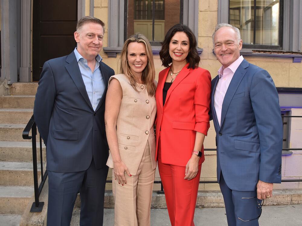 CBS News President Wendy McMahon resigned on Monday. Here, McMahon (second from left) stands with former <em>60 Minutes</em> Executive Producer Bill Owens and two of the show's correspondents, Cecilia Vega and Scott Pelley, at the CBS fall schedule celebration held at Paramount Studios in May 2024.