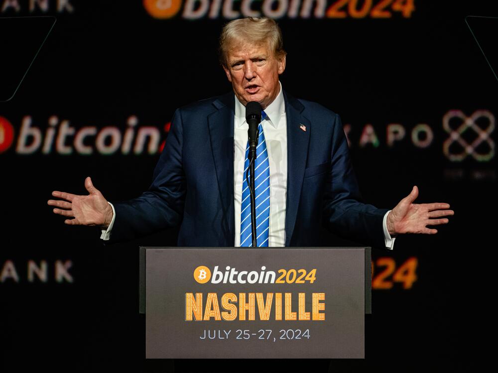 President Trump addresses the Bitcoin 2024 conference at Music City Center in Nashville, Tenn., when he was still a candidate.