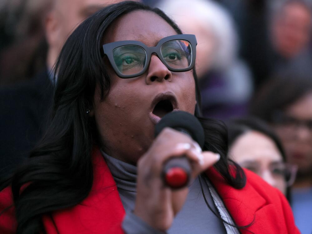 Rep. LaMonica McIver, D-N.J., speaks during a rally at the U.S. Treasury Department in February 2025 in Washington, D.C.