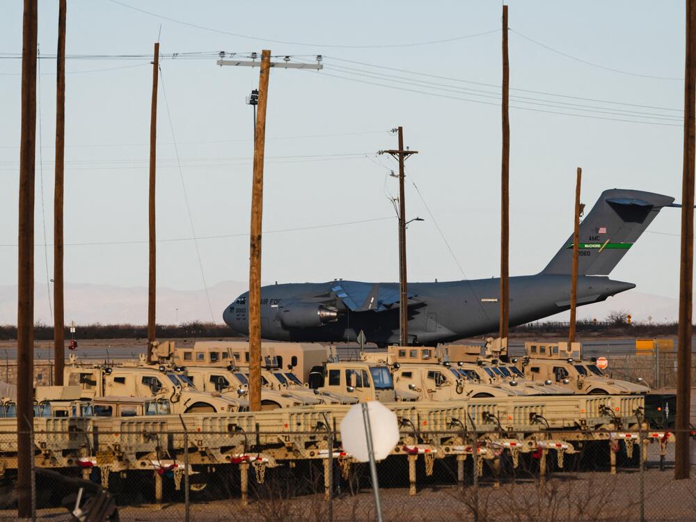 A United States Air Force Boeing C-17 used for deportation flights is pictured at Biggs Army Airfield in Fort Bliss, El Paso, Texas on February 13, 2025.