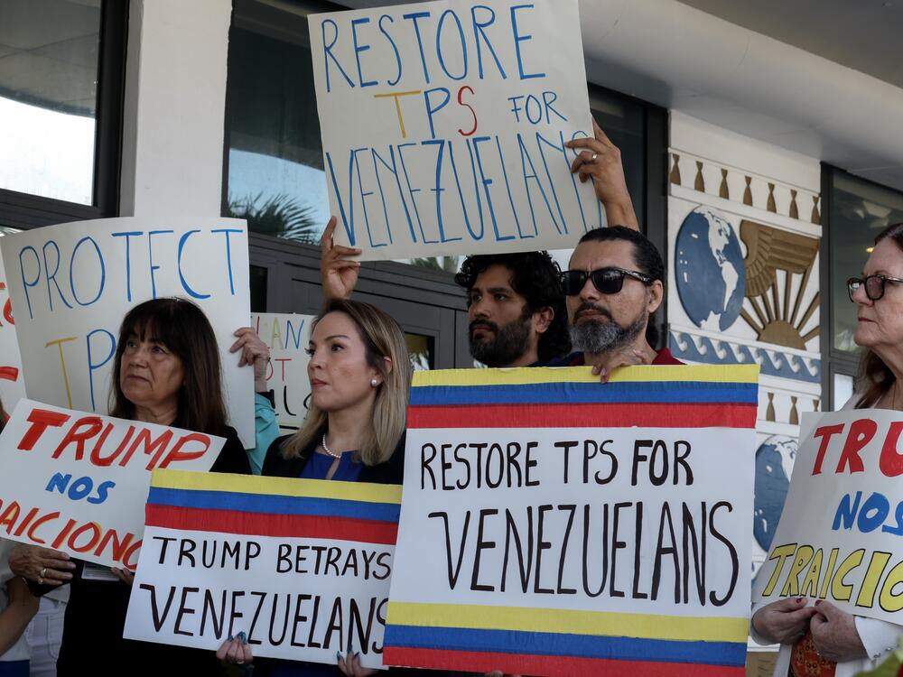 Protesters in Miami support a resolution in favor of reinstating temporary protected status for Venezuelans on Feb. 13, 2025. In early February,  the Trump administration revoked temporary protected status for around 350,000 Venezuelans who fled the country and immigrated to the United States.