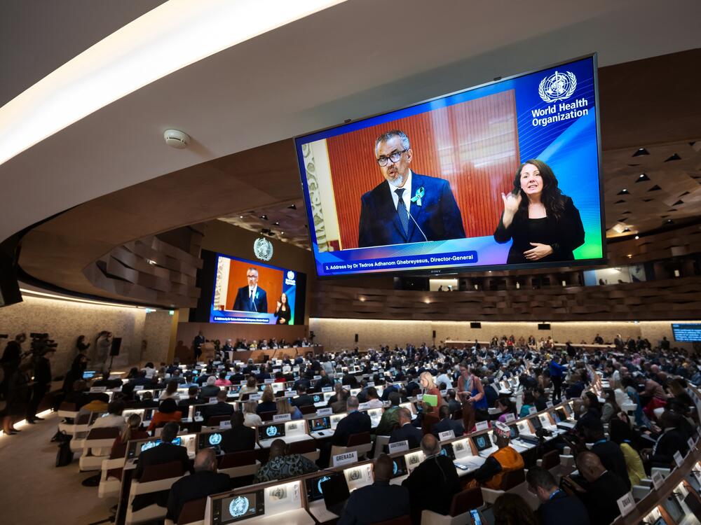 World Health Organization Director-General Tedros Adhanom Ghebreyesus addresses the World Health Assembly on May 19. It's the first such gathering that the U.S. has not attended in nearly 80 years in the wake of President Trump's plan to withdraw from WHO membership.