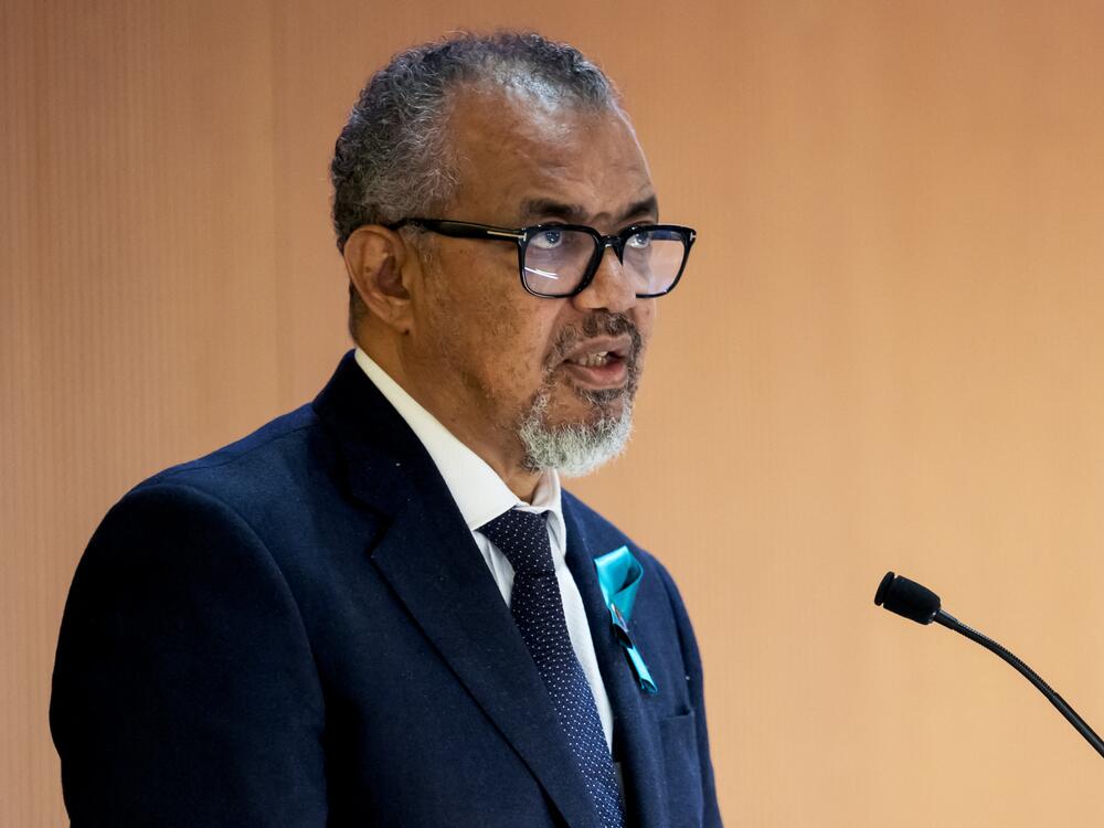 World Health Organization Director-General Tedros Adhanom Ghebreyesus addresses the World Health Assembly in Geneva on May 19. After the pandemic treaty was approved, he said, 