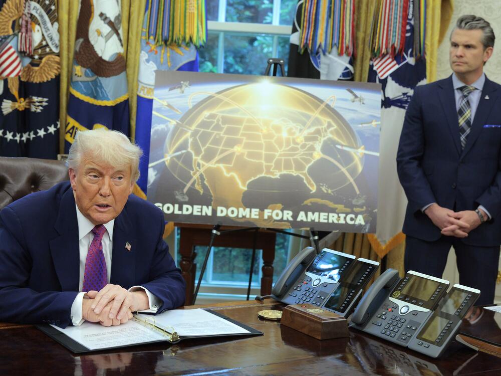 President Trump speaks alongside Secretary of Defense Pete Hegseth in the Oval Office on May 20, 2025, announcing plans for the 