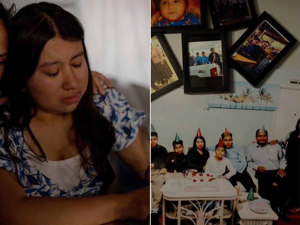Ashley Ambrocio Gonzalez cries as she speaks with her dad, Maurilio, who is in detention, in Tampa, Florida. Maurilio left Guatemala over twenty years ago and is a pastor at an Evangelical Church, supporting his wife and five children. Family pictures of the Ambrocio Gonzalez family hang in their home, Saturday, May 10, 2025, in Tampa, Florida.