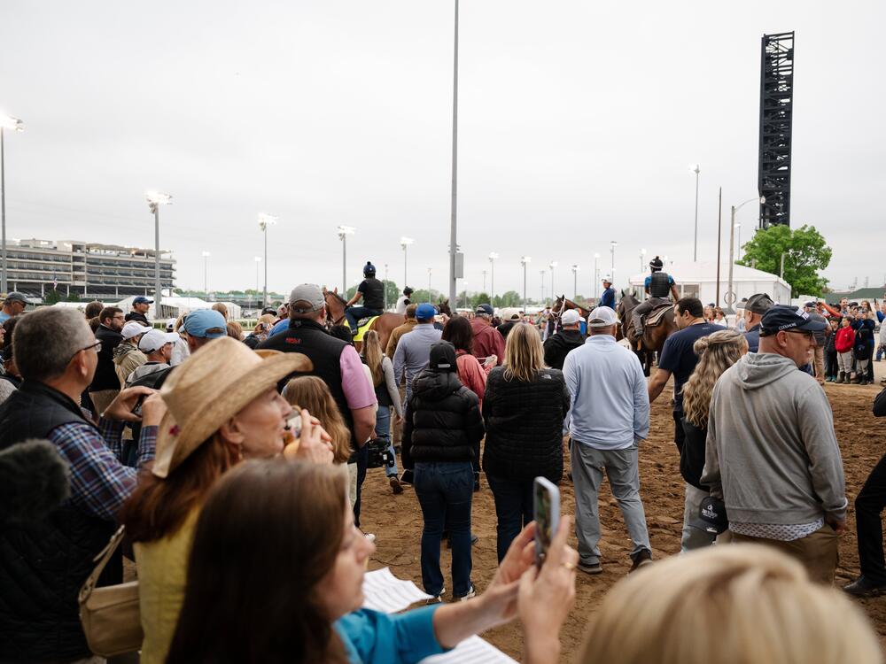 Spectators watch as Kentucky Derby racehorses make their way onto the track for training at Churchill Downs in Louisville, Ky., on April 30.