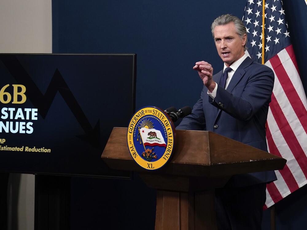 Calif. Gov. Gavin Newsom presents his revised 2025-2026 state budget during a news conference in Sacramento, Calif., Wednesday, May 14, 2025.
