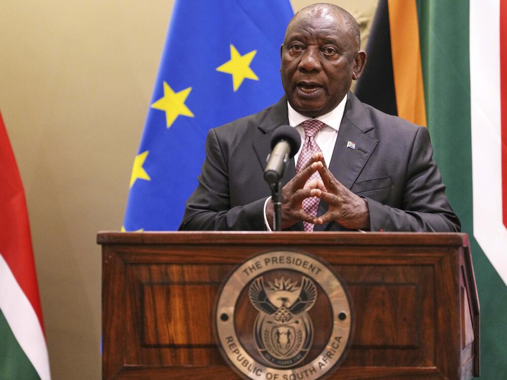 South Africa President Cyril Ramaphosa speaks to journalists during the eighth EU-South Africa summit in Cape Town, South Africa, in March.