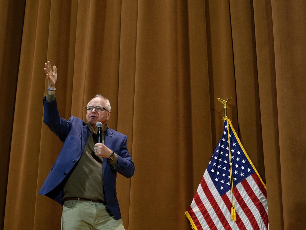 Minnesota Gov. Tim Walz speaks at a town hall meeting at the DeYor Performing Arts Center on April 7, 2025, in Youngstown, Ohio.
