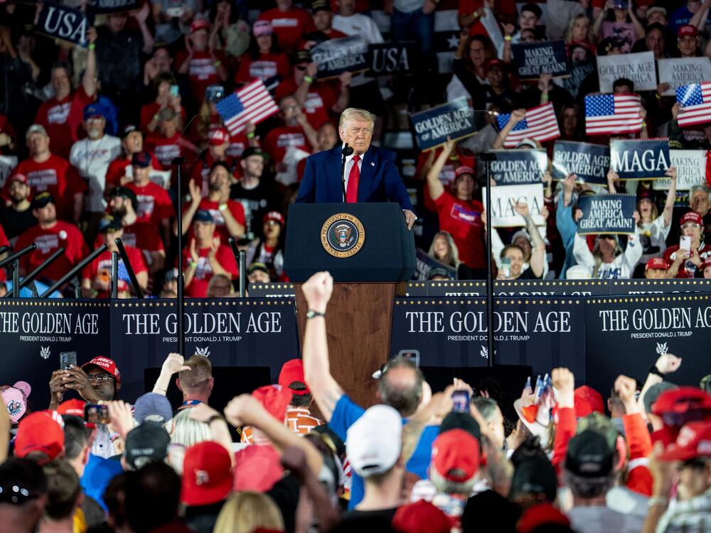 President Trump during a 100th-day rally in Warren, Mich., on April 29.
