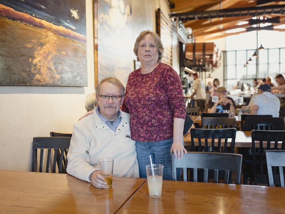 Kent and Nancy Fuka pose for a portrait inside Nuckolls Brewing Company in Santa Fe, New Mexico. 