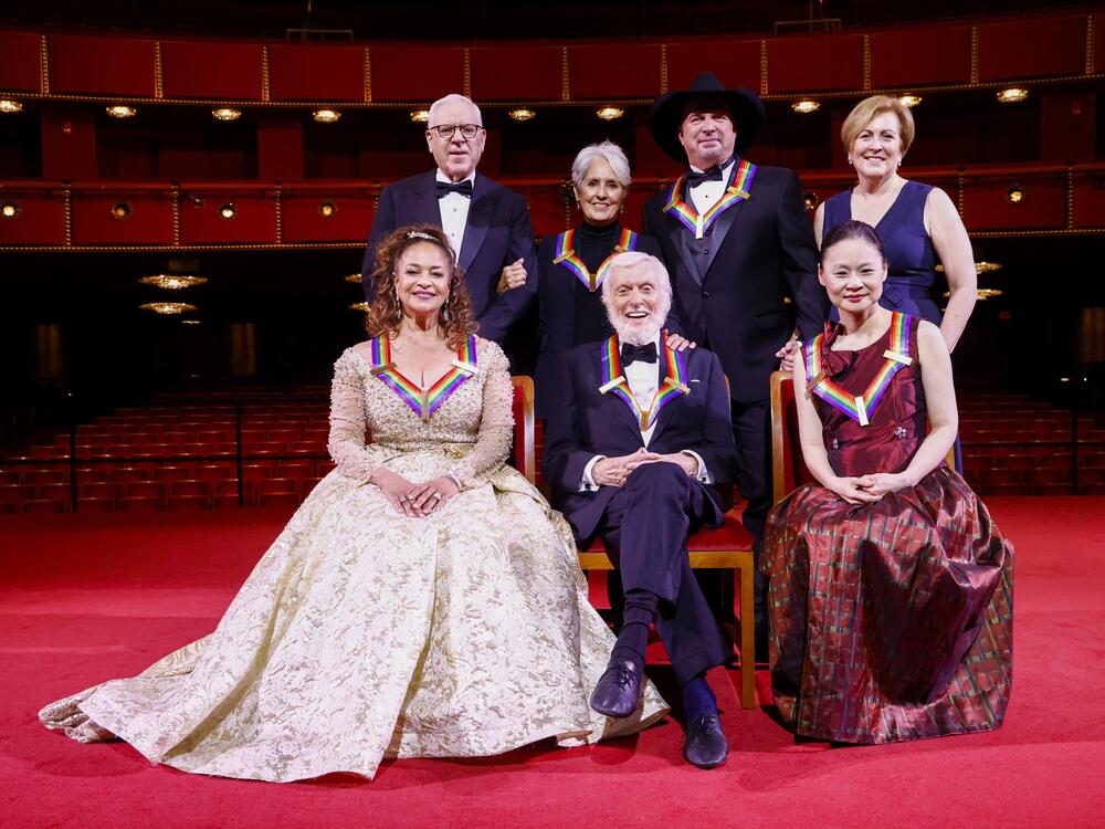 Former Kennedy Center board chair David Rubenstein, top left, and former president Deborah Rutter, top right, pose during the 43rd Annual Kennedy Center Honors on May 21, 2021 with honorees Joan Baez, Garth Brooks, Debbie Allen, Dick Van Dyke, Midori Gotō.