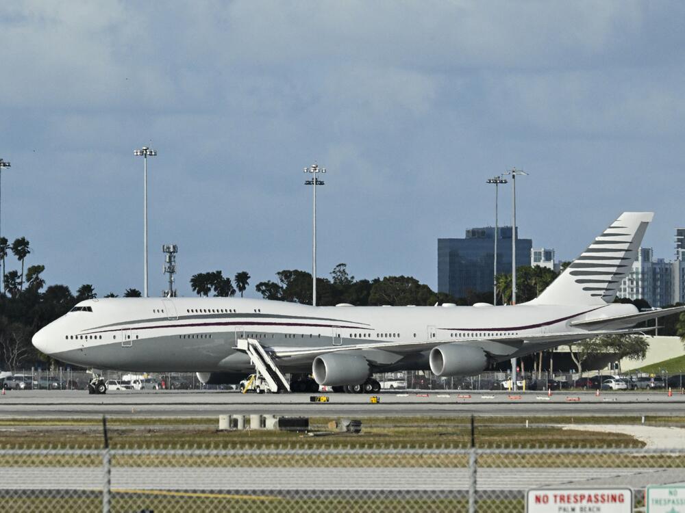 A Qatari Boeing 747 sits on the tarmac of Palm Beach International airport after President Trump toured the aircraft on Feb. 15. The U.S. has since accepted the luxury Boeing jet from the Qatari royal family.