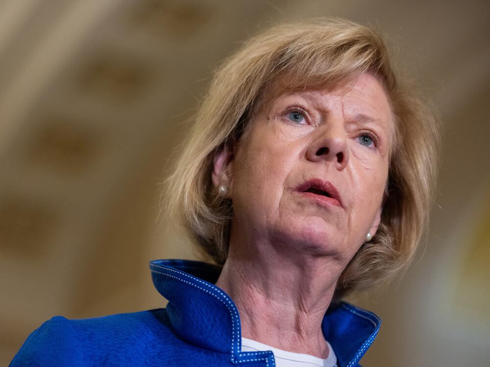 U.S. Sen. Tammy Baldwin, D.-Wis., speaks with the press after the Democrats' policy luncheon on Tuesday.