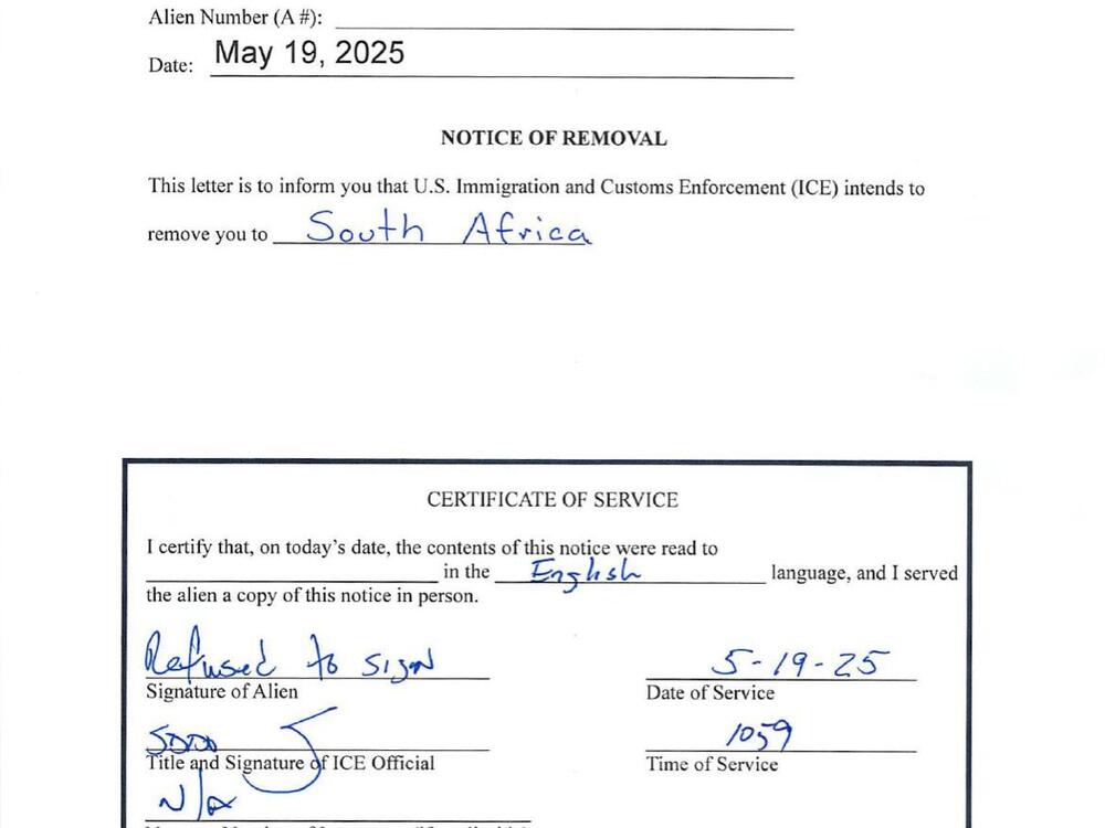 Attorney Jonathan Ryan says he was perplexed to receive this notice on May 19th, stating his client - whom he hadn't been able to have a meaningful conversation with- was being deported to South Africa.