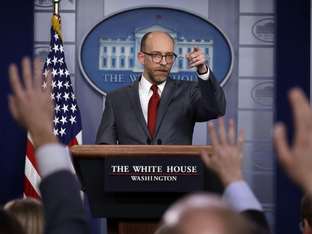 Russ Vought, director of the White House Office of Management and Budget, speaks at a press briefing during President Trump's first term, in 2019.