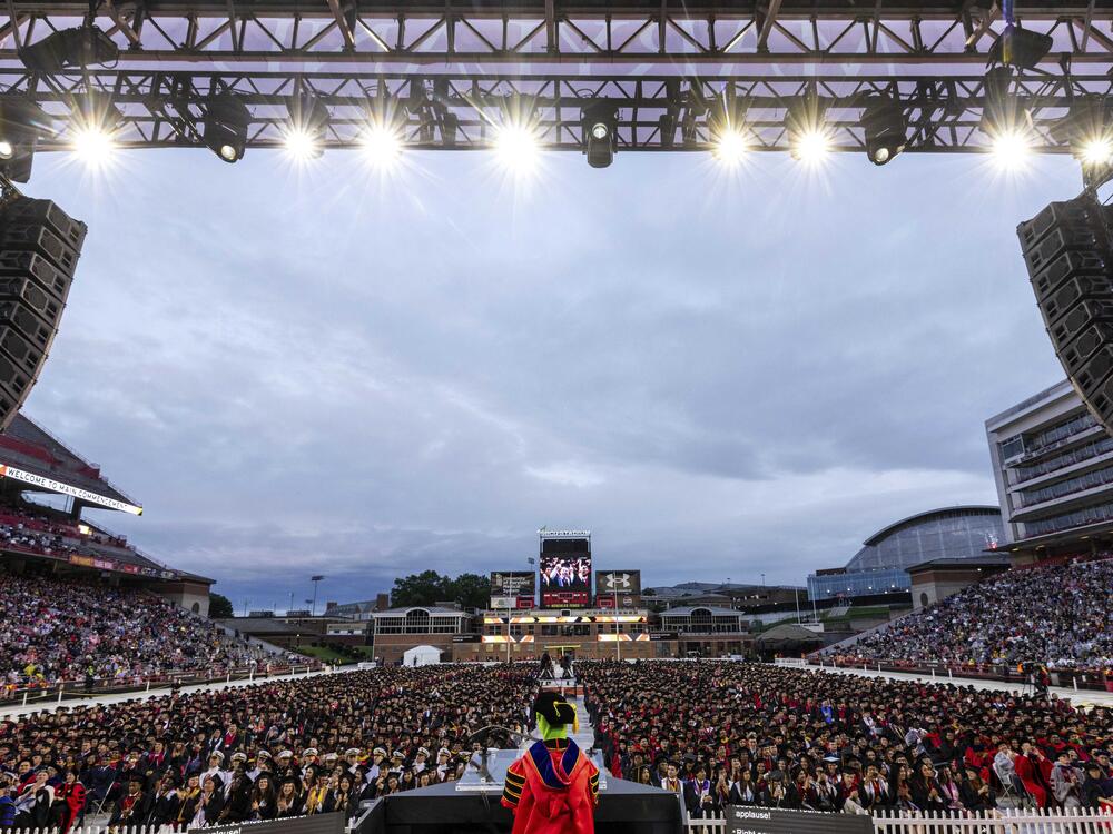 Kermit the Frog speaks during University of Maryland's commencement ceremony on Thursday, May 22, 2025, in College Park, Md.