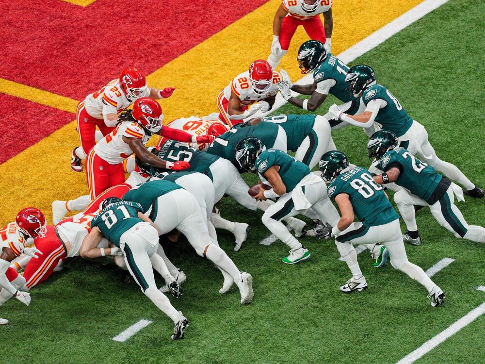 Philadelphia Eagles quarterback Jalen Hurts scores a touchdown on a tush push during Super Bowl LIX against the Kansas City Chiefs in February.