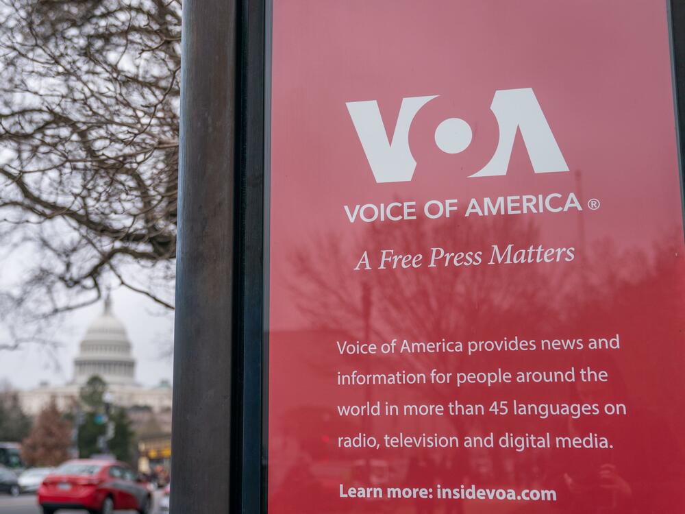 A sign outside of the Voice of America headquarters in Washington, DC, US, in March, shortly after President Trump signed an executive order aimed at reducing the scope of eight federal agencies as part of his campaign to downsize the US government, including the US Agency for Global Media, which oversees Voice of America.