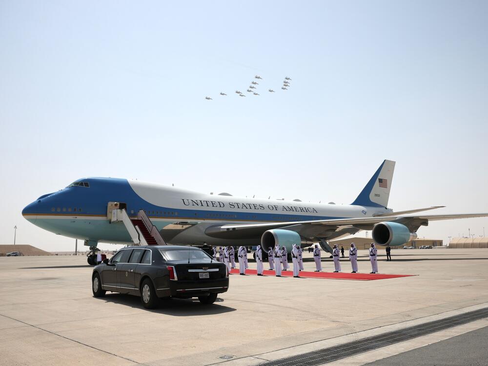 Qatari F-15 jets fly over Air Force One as President Trump departs the Al Udeid Air Base on May 15 in Doha, Qatar. The current Air Force One planes are over 30 years old.