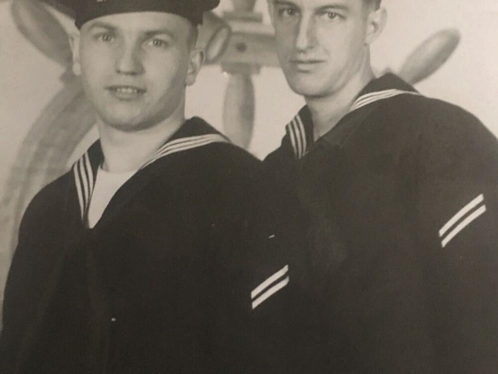 Makaela Douglas' grandfather Nicholas Marozsan (right), pictured around 1952 with his best friend, Stephen Keresztesi.