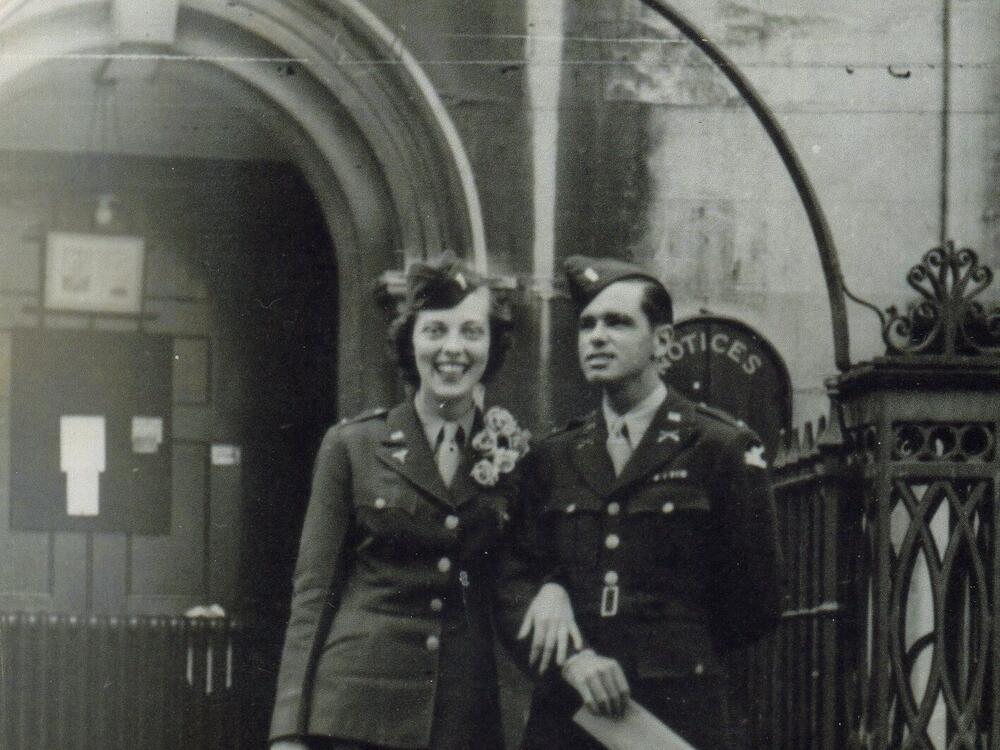Jean Hohnecker Gavin and Charles M. Gavin III, pictured outside a Baptist church in Cirencester, England, on their wedding day on July 19, 1945.