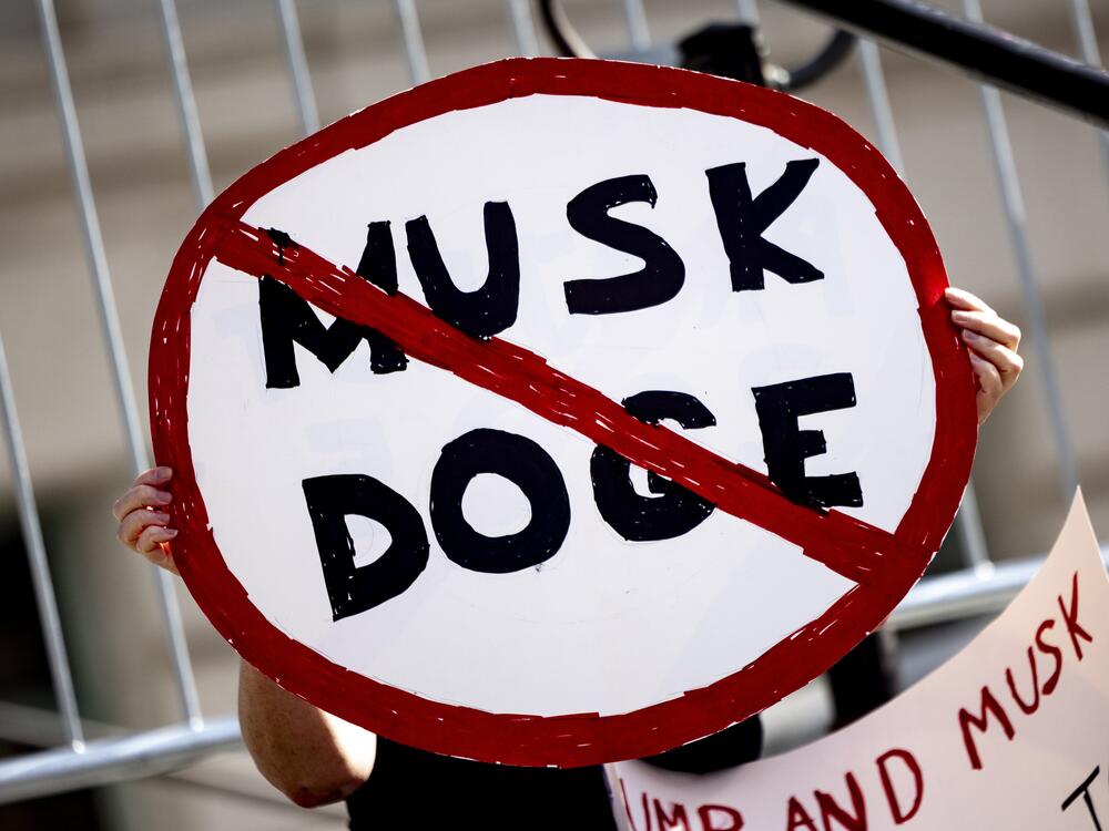 A demonstrator holds a sign during a February rally in Los Angeles to protest President Trump's billionaire adviser Elon Musk and his DOGE team.
