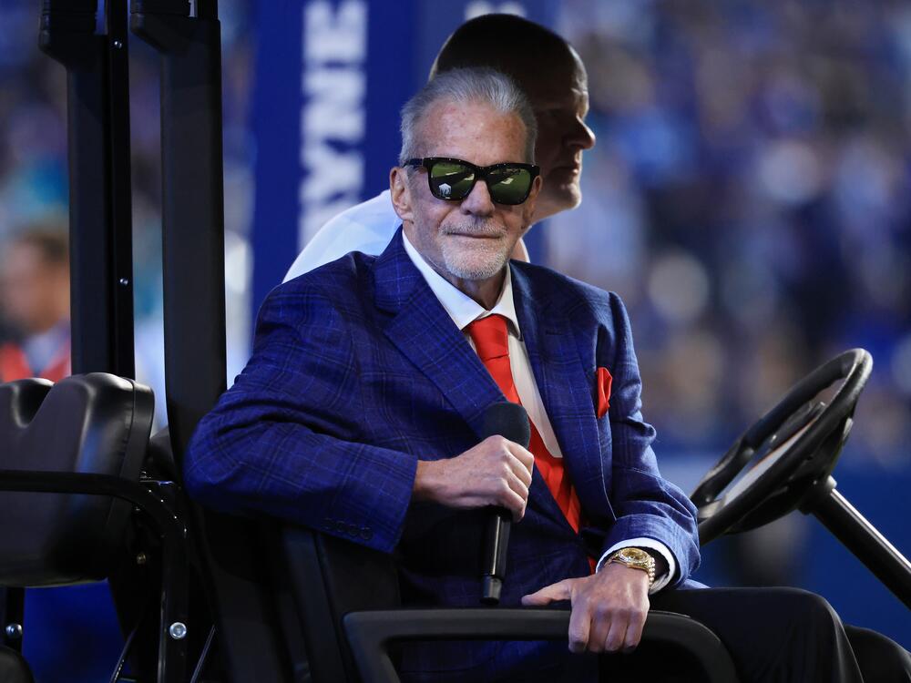 Irsay looks on during a Ring of Honor ceremony during halftime of a game at Indianapolis' Lucas Oil Stadium in October 2024. He had made few public appearances in recent years.