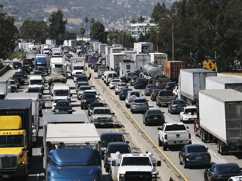 Vehicles drive on Interstate 5 ahead of the Memorial Day weekend Friday in Los Angeles. Departments of motor vehicles across the country are warning of a new batch of scam text messages that seek out recipients' personal information.