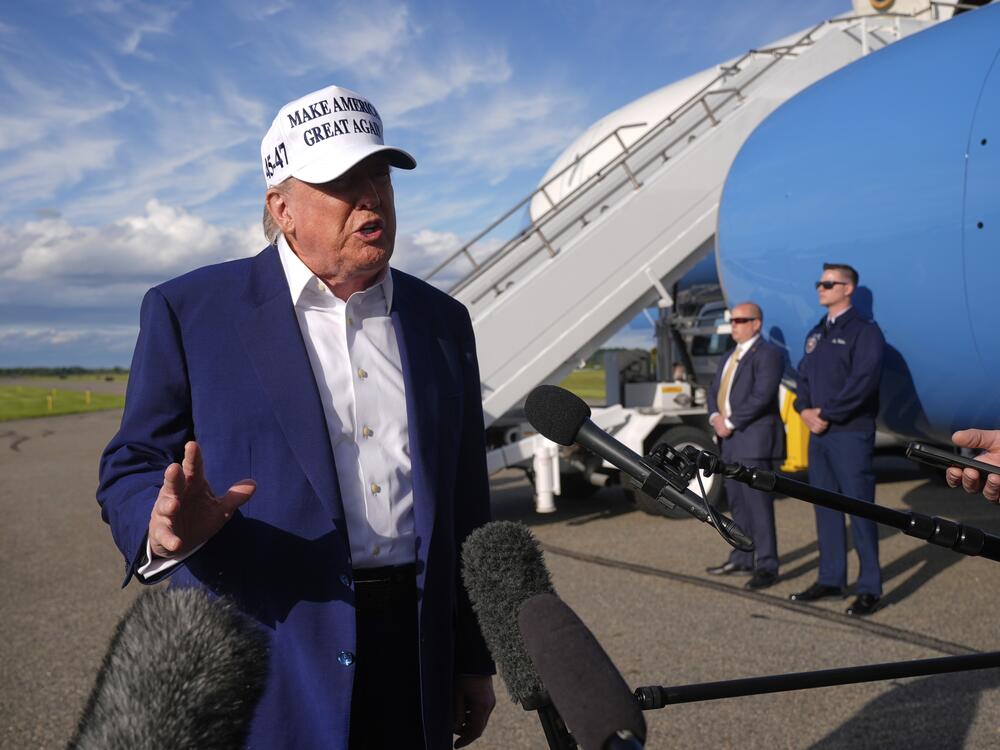 President Donald Trump speaks to reporters before boarding Air Force One at Morristown Municipal Airport in Morristown, N.J., on May 25, 2025.