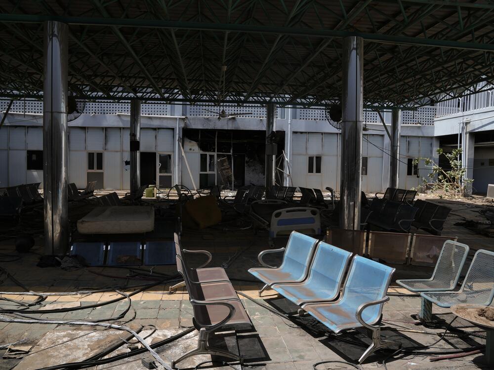 The waiting area at Ibn Sina Specialized Hospital in Khartoum — left in ruins by two years of war.