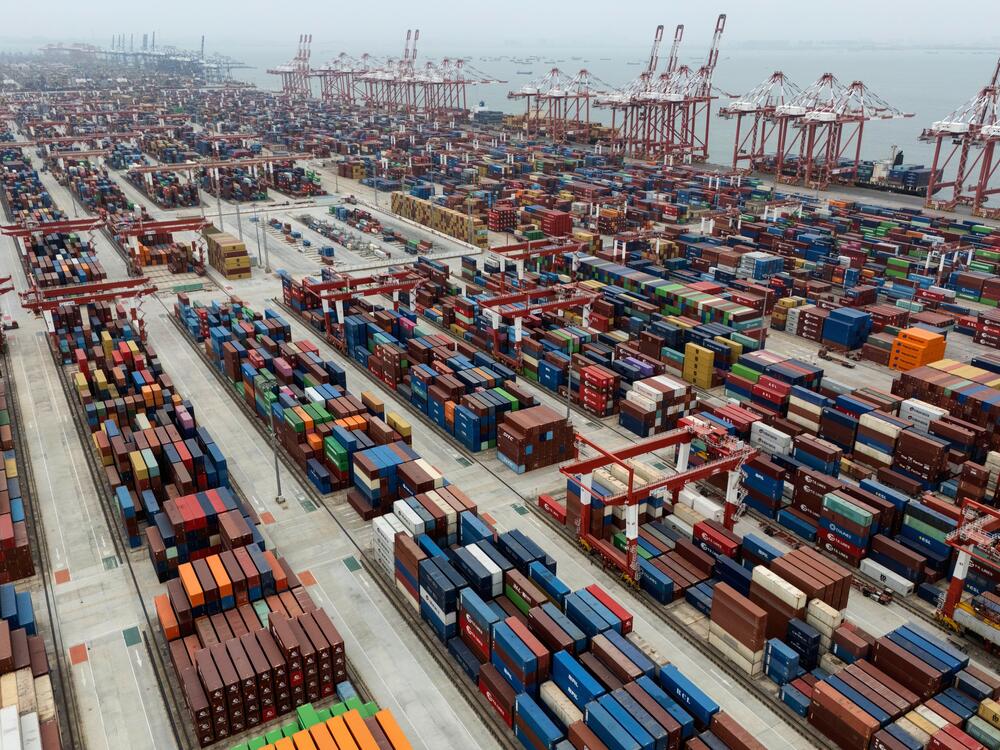 Shipping containers are seen ready for transport at the Guangzhou Port in southern China's Guangdong province on April 17.
