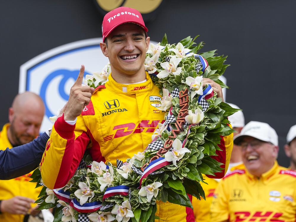 Alex Palou, of Spain, celebrates after winning the Indianapolis 500 at the Indianapolis Motor Speedway on Sunday.