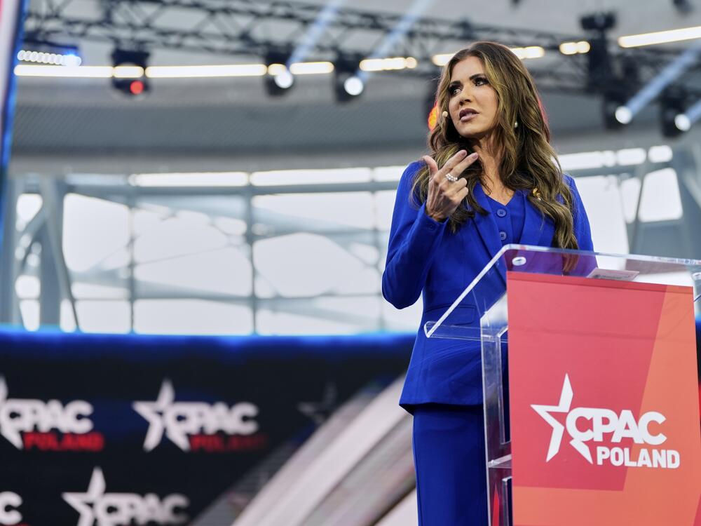 Homeland Security Secretary Kristi Noem speaks at the Conservative Political Action Conference, CPAC, on Tuesday, in Jasionka, Poland.