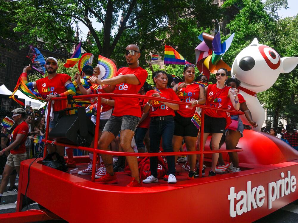 Revelers are seen on the Target float during tje New York City Pride march on June 26, 2022 in New York City.