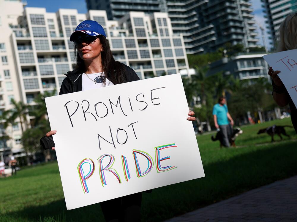 Michelle Terris (L) protests outside of a Target store on June 1, 2023 in Miami, Florida.