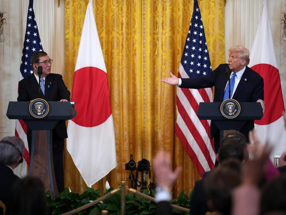President Trump and Japanese Prime Minister Shigeru Ishiba hold a joint press conference at the White House, on Feb. 7. Ishiba, who took office in October, is the first Asian leader to visit Trump since he returned to the White House.