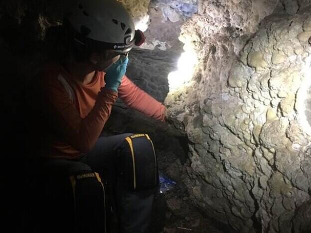 Sarah Wolfe, a member of the cave exploration team, helps collect sediments from one of the caves in Hells Canyon.